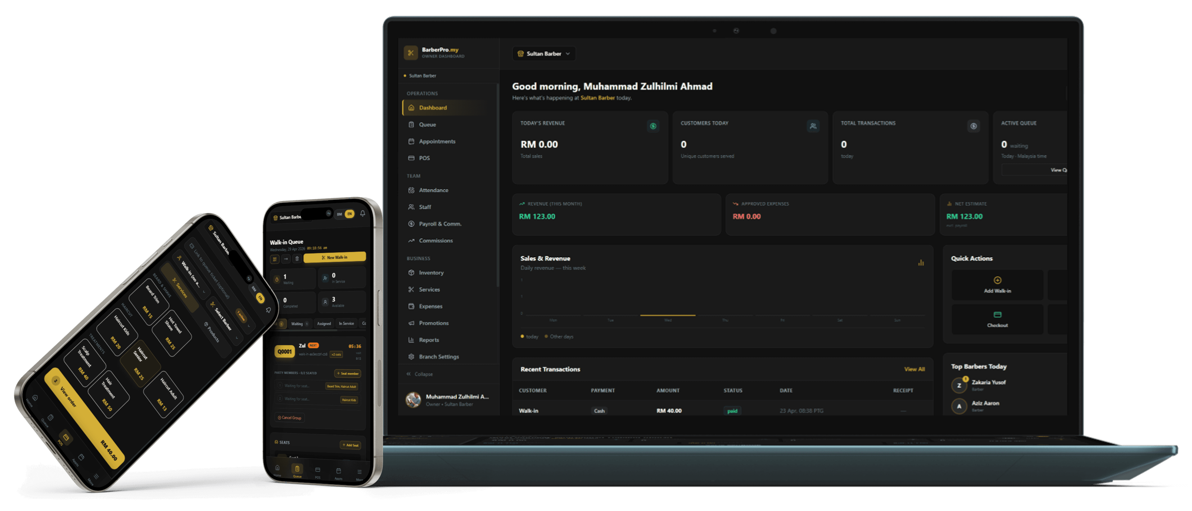 Cropped BarberPro dashboard preview showing revenue, quick actions, and branch performance